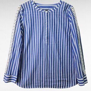 Talbots Blue and White Striped Button-Down Shirt with Lace Trim